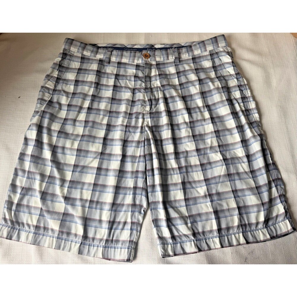 Tommy Bahama Men Plaid Golf Shorts Tan Blue White Stretch 36 Flat Front Coastal